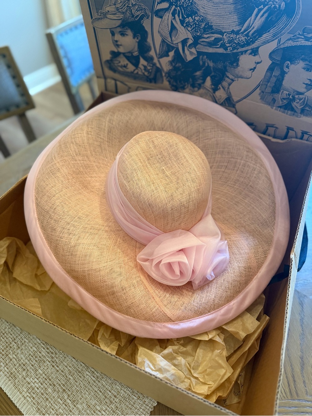 Mary Jean Collection Wide-Brim Pink Ladies Dress Hat with Rosette Accent